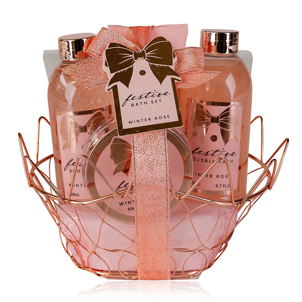Bath set FESTIVE in pink oval shaped wire basket