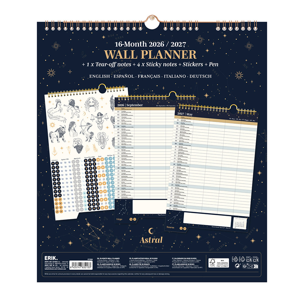 Wall Calendar/Planner 2026/2027 30X34cm ASTRAL